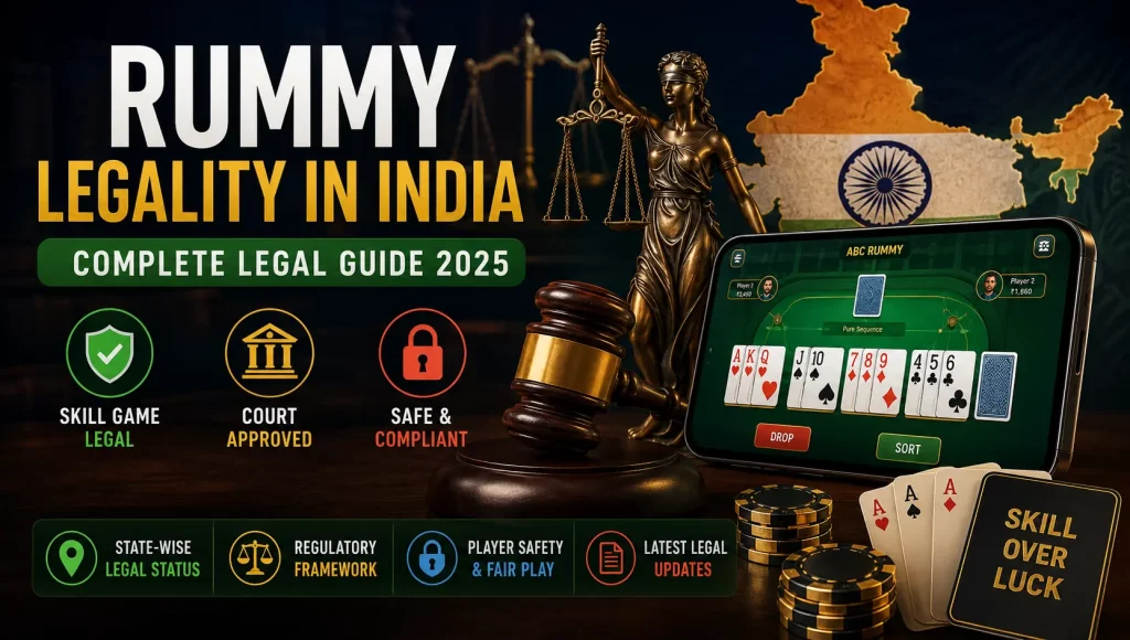 Wide cinematic infographic about Rummy legality in India, featuring a legal theme with Lady Justice, Indian map, and gaming interface. It highlights skill-based classification, state-wise legal status, regulatory framework, fair play systems, and compliance in online rummy platforms.