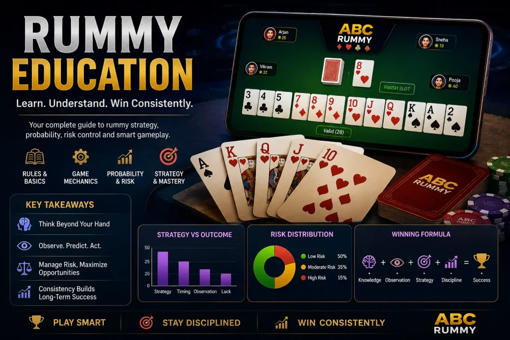 Dark-themed educational banner for ABC Rummy showing a structured guide to rummy strategy, probability, risk control, and gameplay mastery. The design features a digital rummy table with cards on a tablet, supporting charts for strategy analysis, and key learning sections like rules, mechanics, and consistency. The visual emphasizes learning progression, responsible play, and skill development in online rummy.