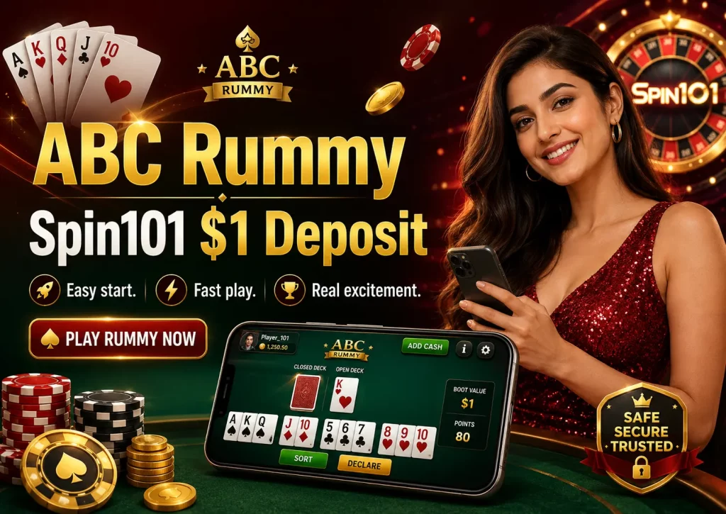 ABC Rummy Spin101 $1 Deposit banner with a mobile rummy game screen, playing cards, casino chips, gold coins, Spin101 wheel, and a smiling woman holding a smartphone.