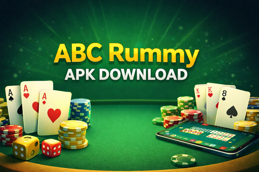 ABC Rummy APK download banner showing mobile rummy gameplay with cards, chips and smartphone on green casino table